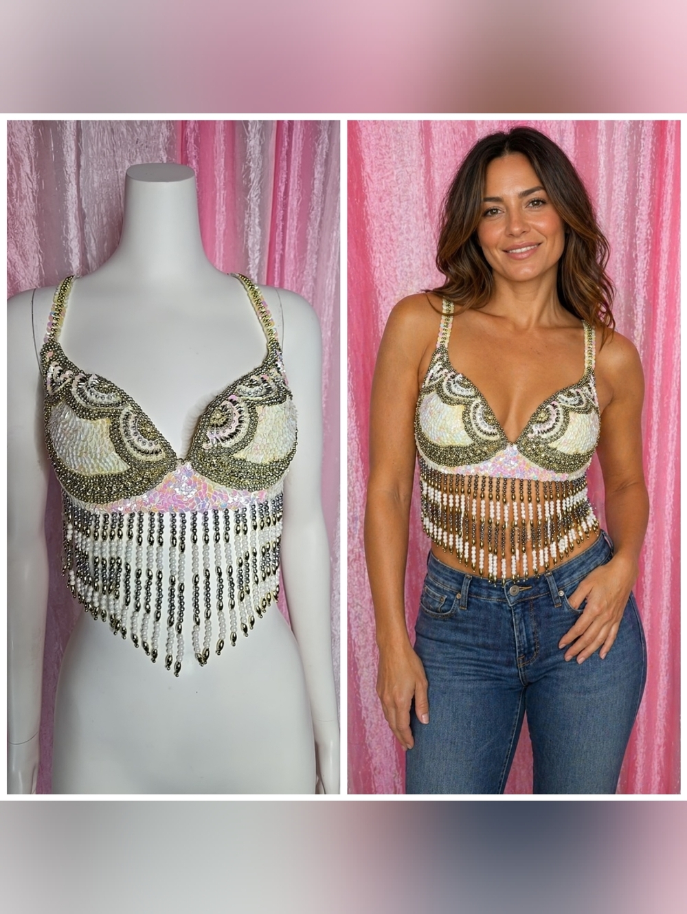 Exquisite Beaded Sequins Belly Dance Stage Wear Halter Bra Top Bra Size 36C